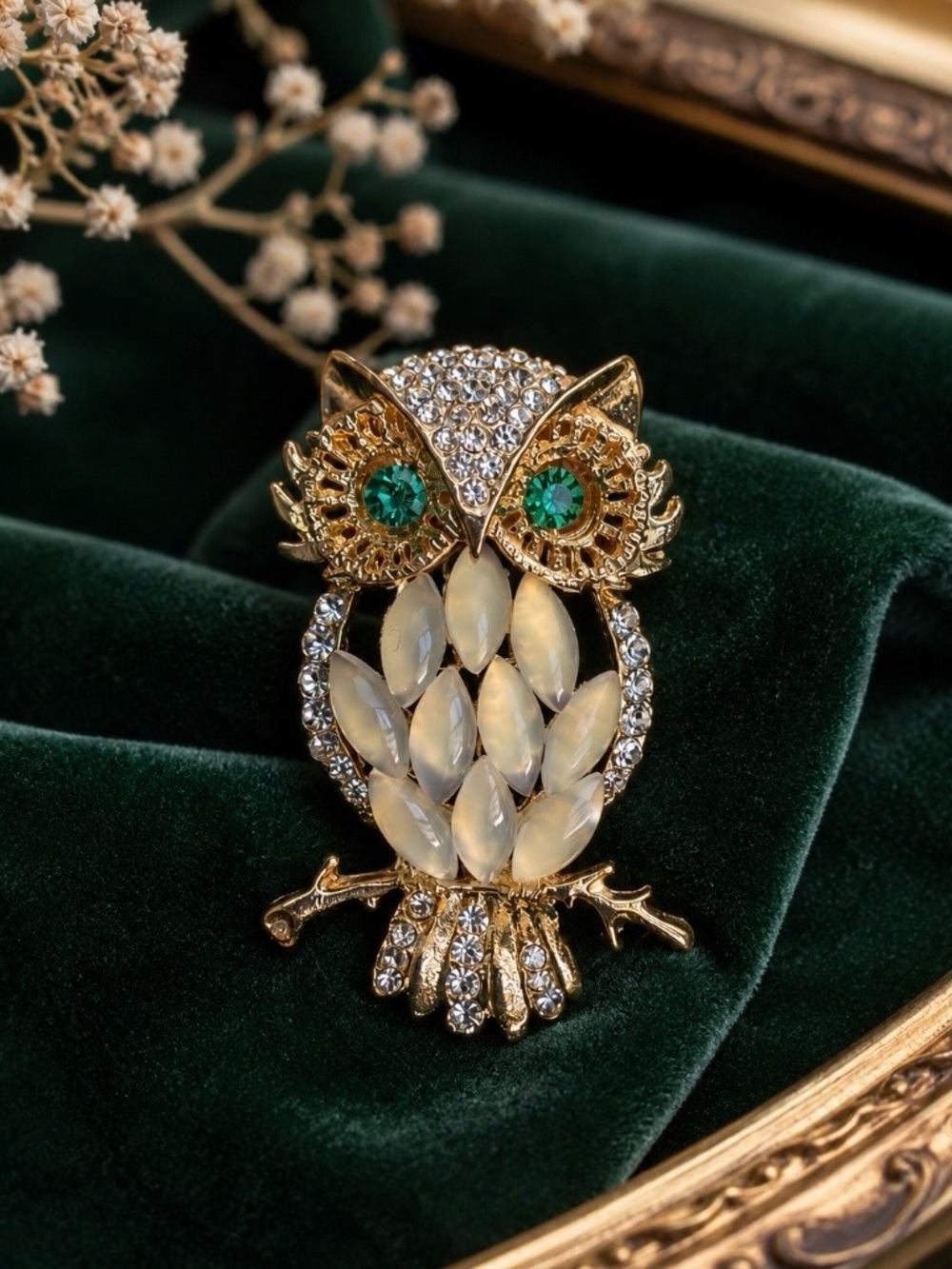 NEW! Gold Owl Crystal Brooch with Emerald Eyes. Owl Pin 🦉